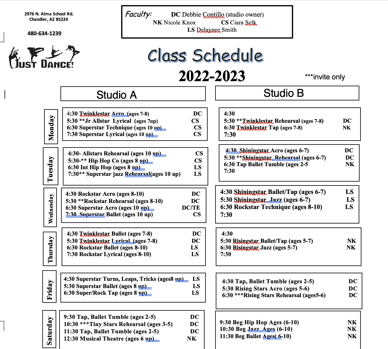 Class schedule NEW 20232024 Fall/Winter Spring Schedule 20222023