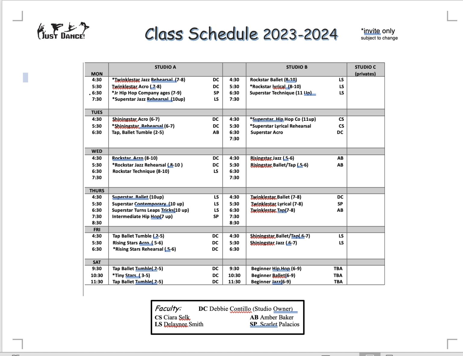 Class schedule NEW 20242025 Fall/Winter Spring Schedule Just Dance AZ